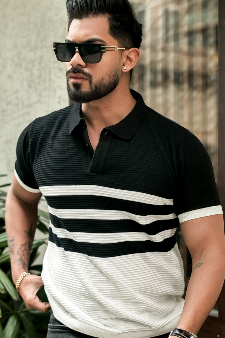 Black Premium Flat Knit Stripe Polo T-Shirt