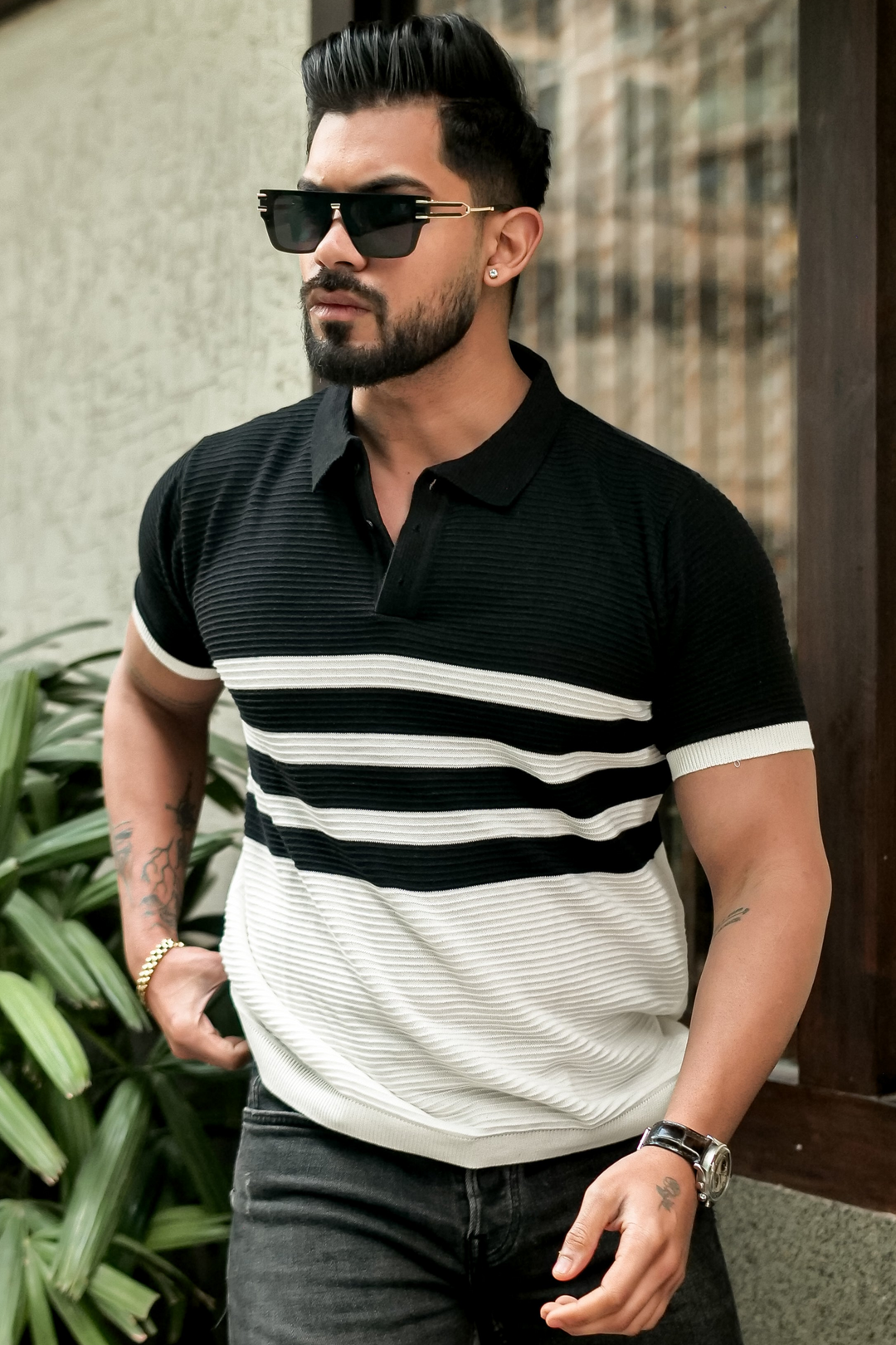 Black Premium Flat Knit Stripe Polo T-Shirt