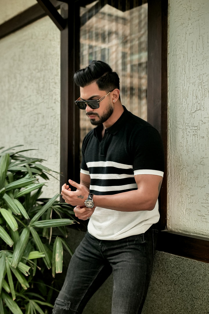 Black Premium Flat Knit Stripe Polo T-Shirt