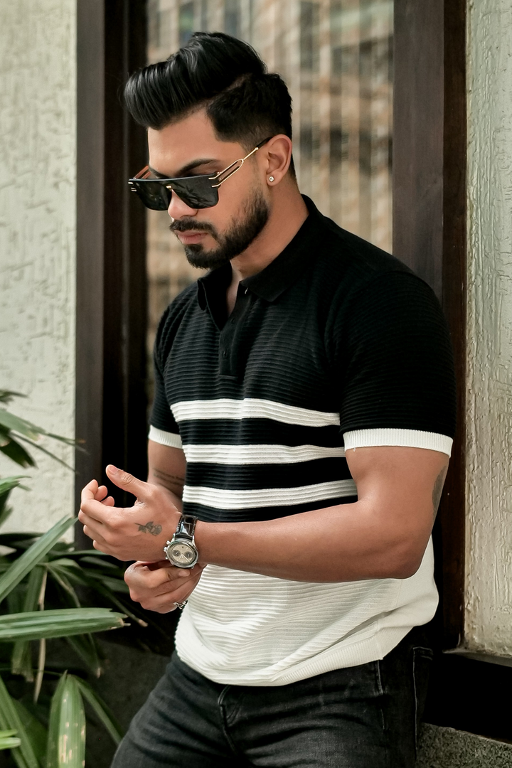 Black Premium Flat Knit Stripe Polo T-Shirt