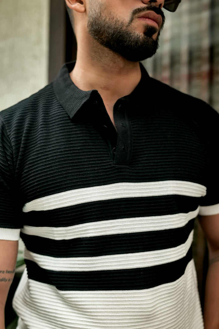Black Premium Flat Knit Stripe Polo T-Shirt