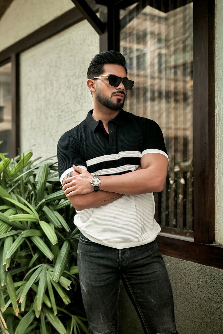 Black Premium Flat Knit Stripe Polo T-Shirt