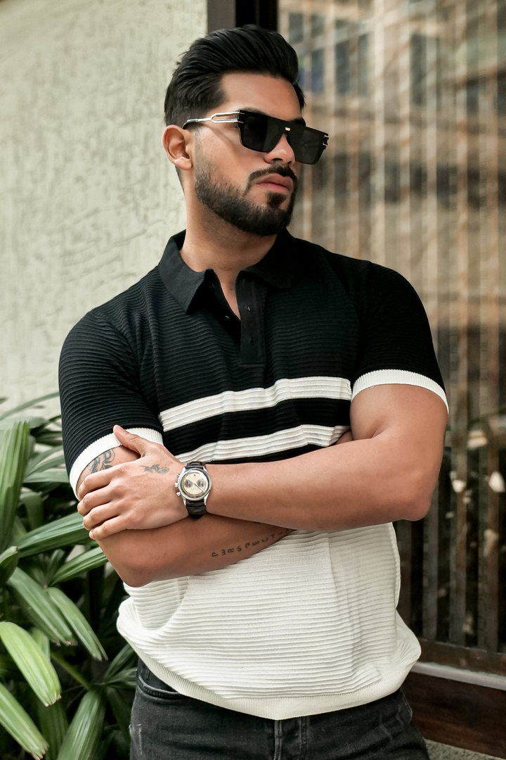 Black Premium Flat Knit Stripe Polo T-Shirt