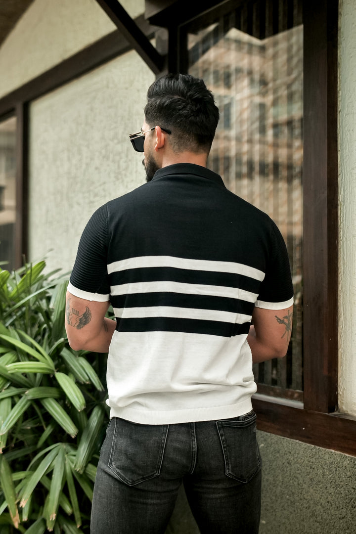 Black Premium Flat Knit Stripe Polo T-Shirt