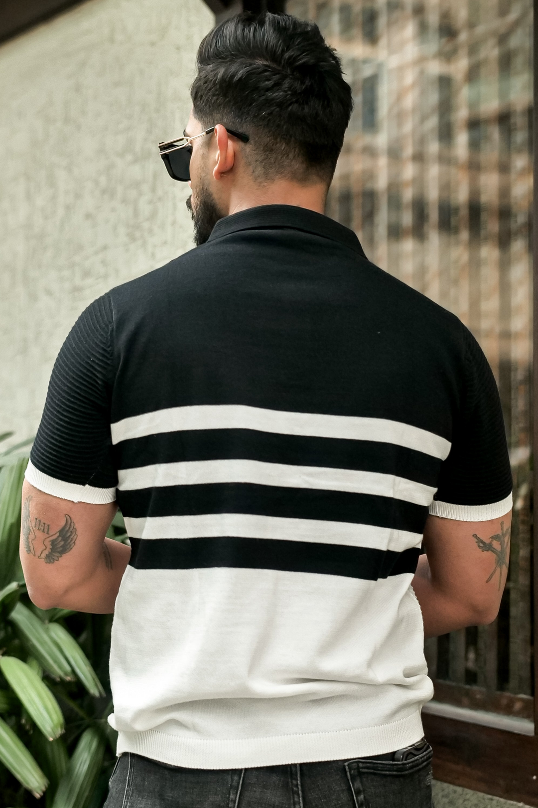 Black Premium Flat Knit Stripe Polo T-Shirt