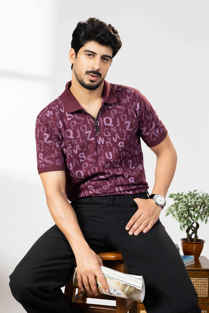 Wine Cotton Half Sleeve Printed Polo T-Shirt with Collar