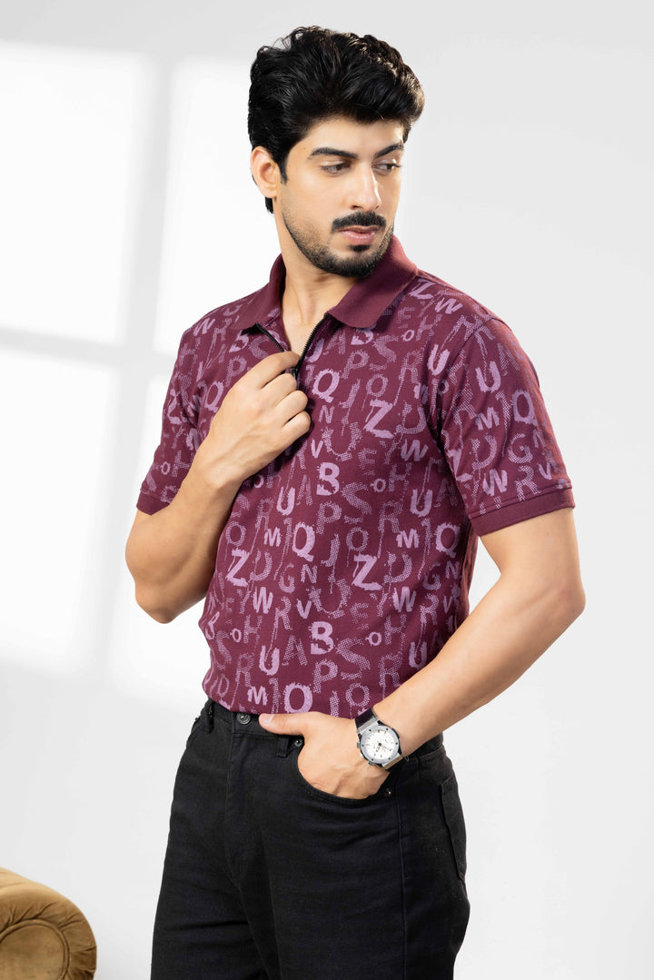 Wine Cotton Half Sleeve Printed Polo T-Shirt with Collar