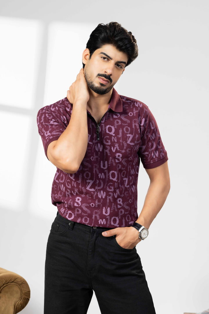 Wine Cotton Half Sleeve Printed Polo T-Shirt with Collar