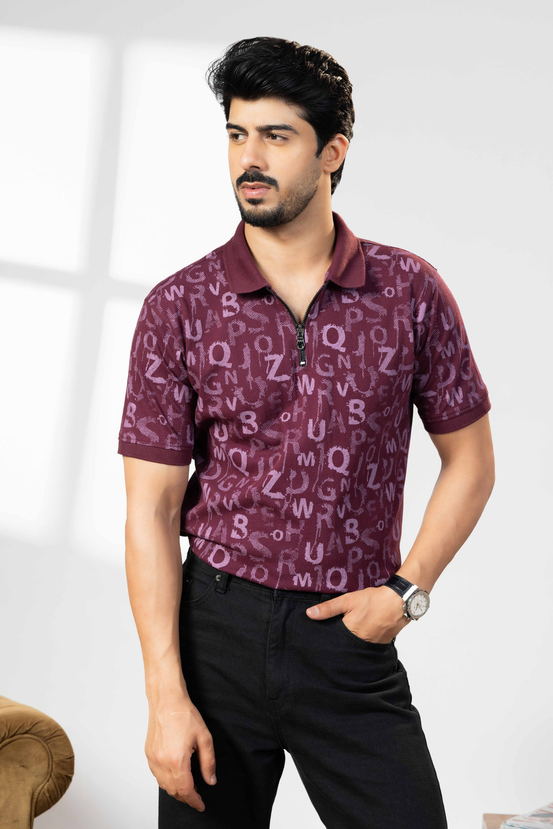 Wine Cotton Half Sleeve Printed Polo T-Shirt with Collar