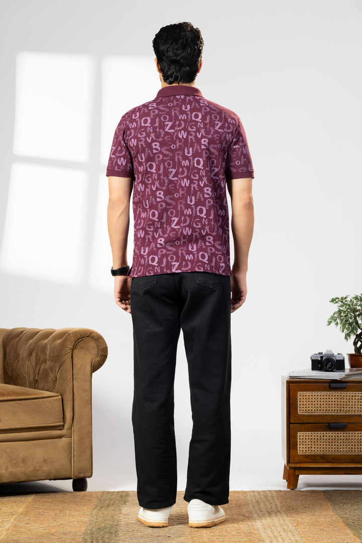 Wine Cotton Half Sleeve Printed Polo T-Shirt with Collar
