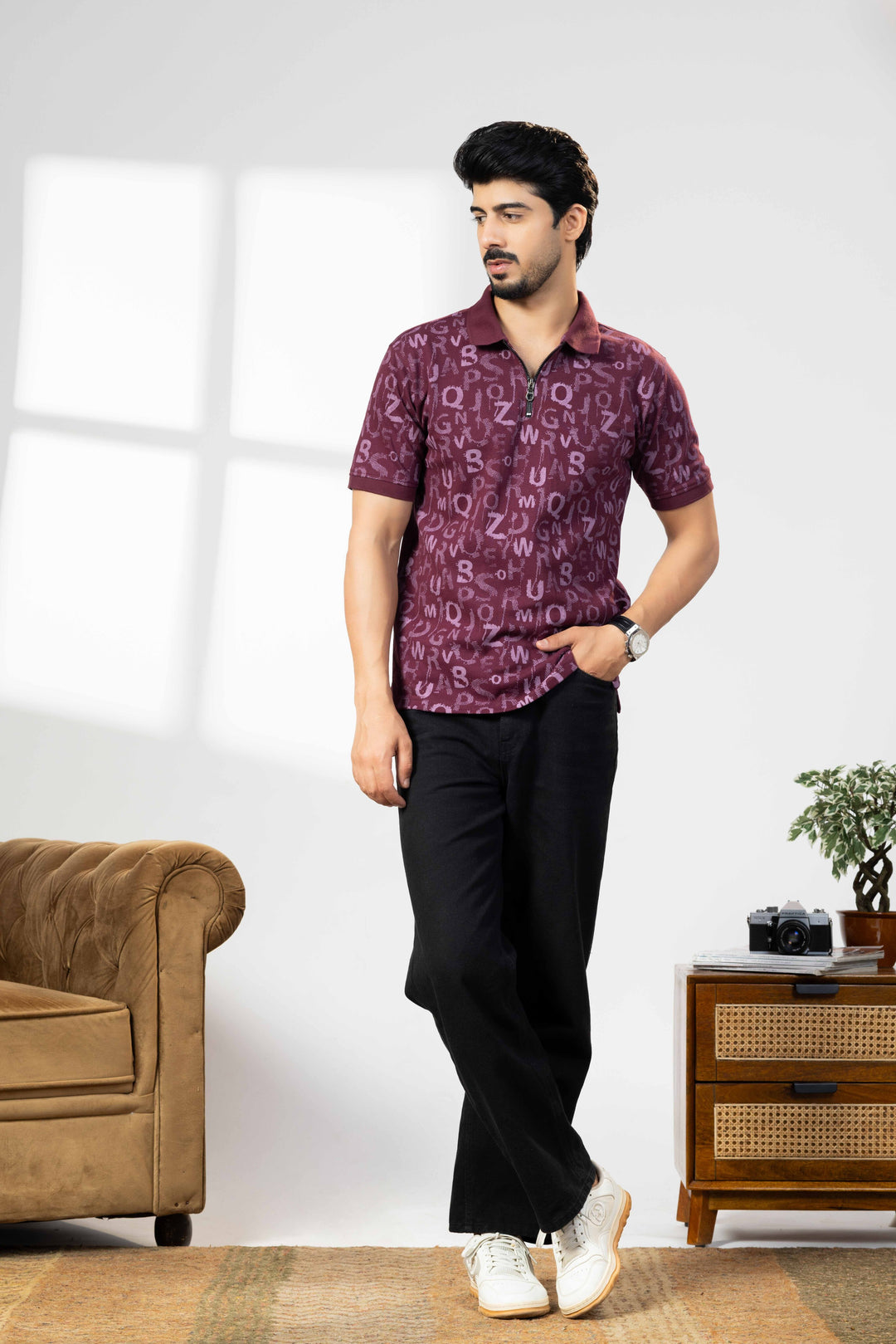Wine Cotton Half Sleeve Printed Polo T-Shirt with Collar