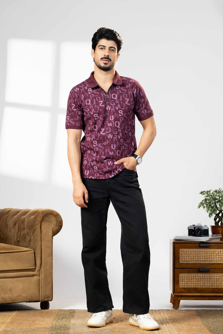 Wine Cotton Half Sleeve Printed Polo T-Shirt with Collar