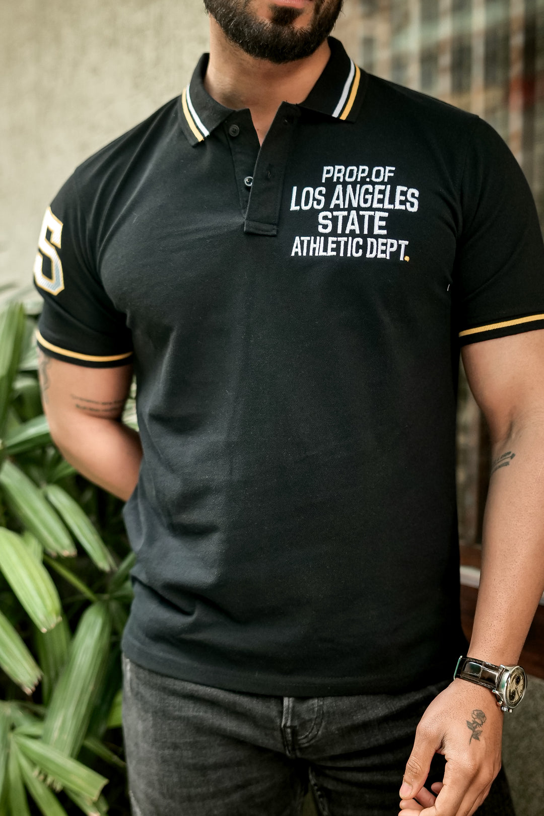 Black Ribbed Collar Embroidered Polo T-Shirt