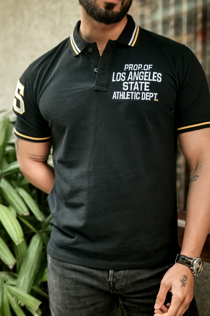 Black Ribbed Collar Embroidered Polo T-Shirt