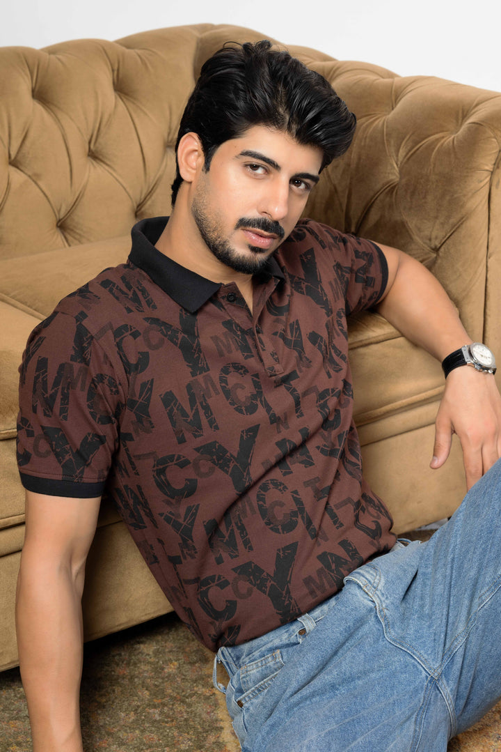 Brown Cotton Half Sleeve Printed Polo T-Shirt with Collar