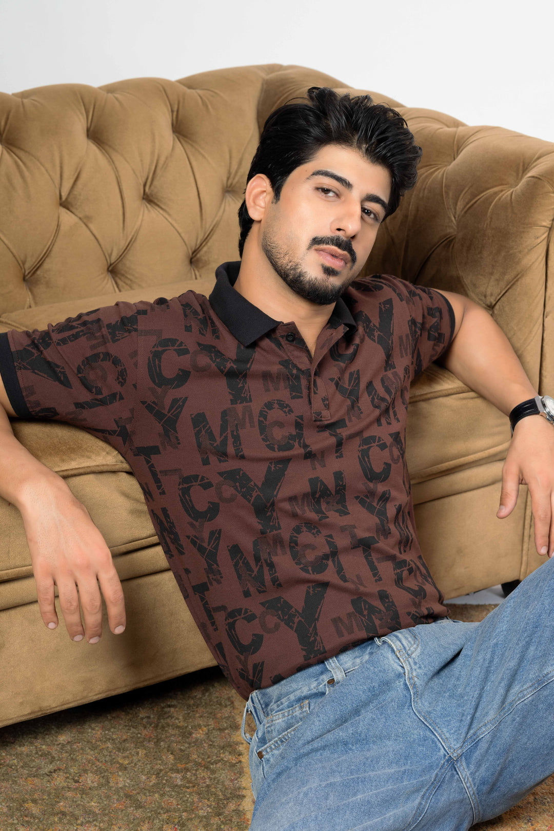 Brown Cotton Half Sleeve Printed Polo T-Shirt with Collar