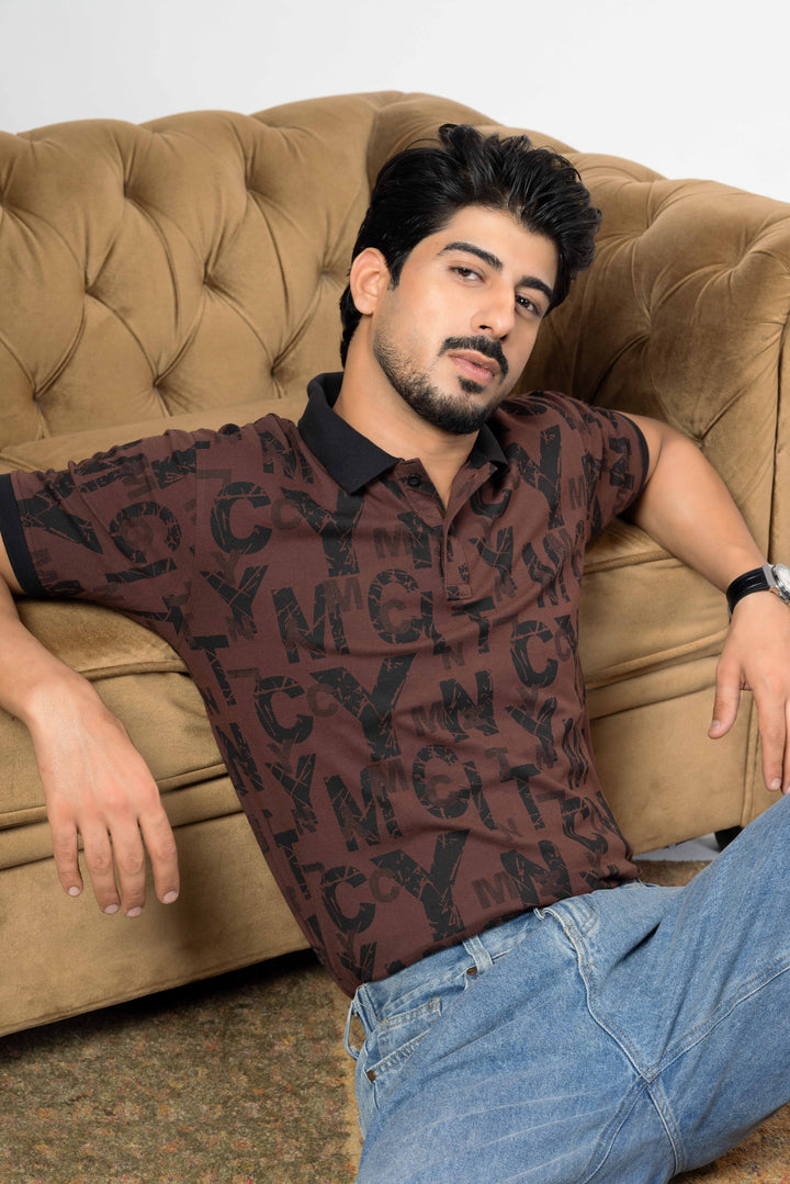Brown Cotton Half Sleeve Printed Polo T-Shirt with Collar