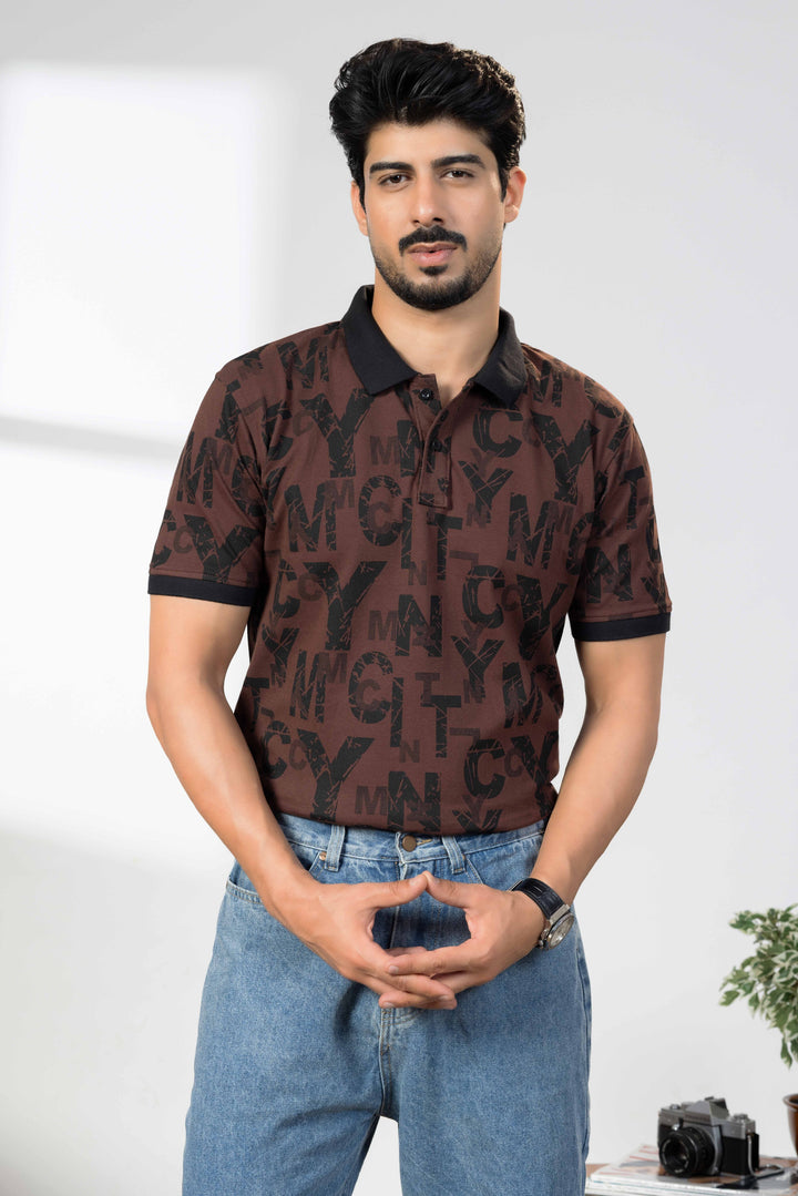 Brown Cotton Half Sleeve Printed Polo T-Shirt with Collar