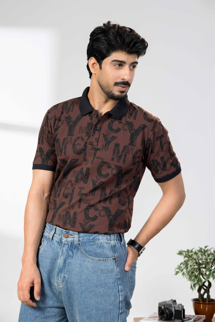 Brown Cotton Half Sleeve Printed Polo T-Shirt with Collar