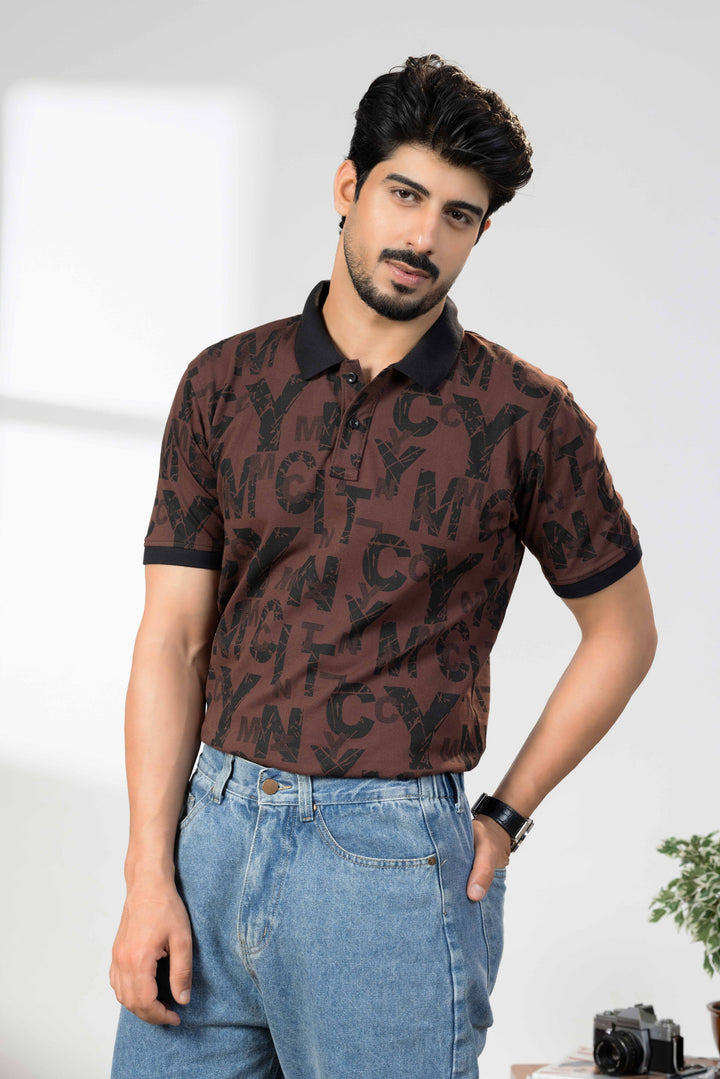 Brown Cotton Half Sleeve Printed Polo T-Shirt with Collar