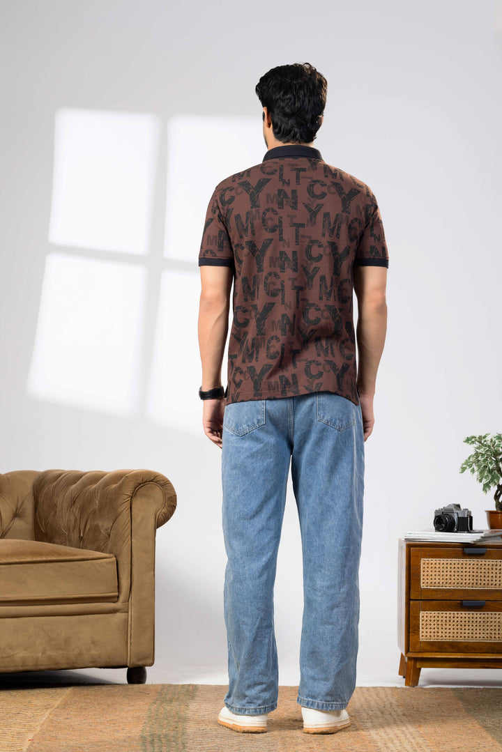 Brown Cotton Half Sleeve Printed Polo T-Shirt with Collar