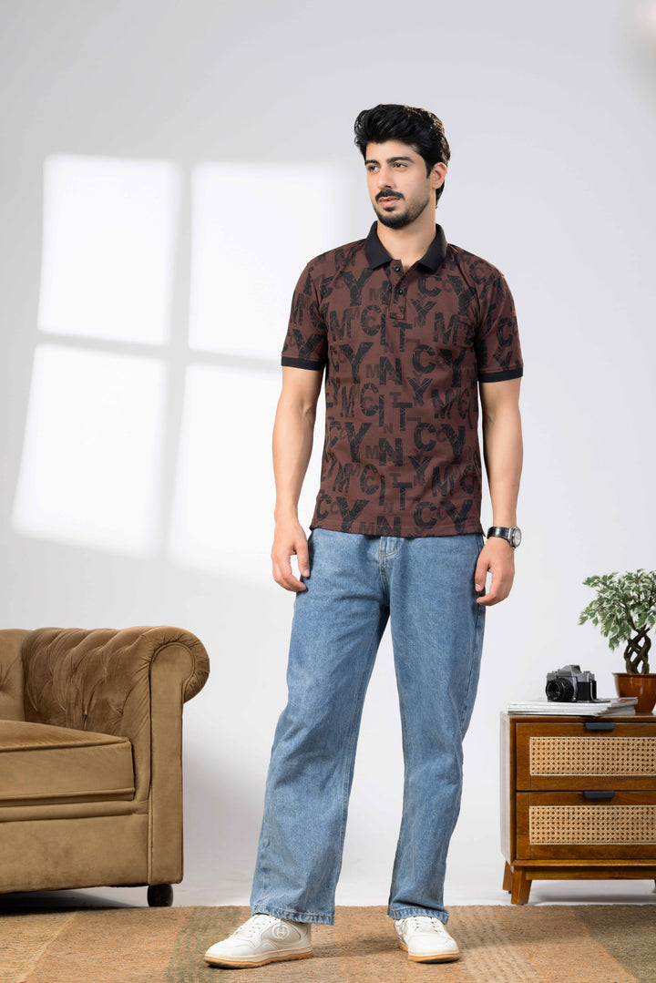 Brown Cotton Half Sleeve Printed Polo T-Shirt with Collar
