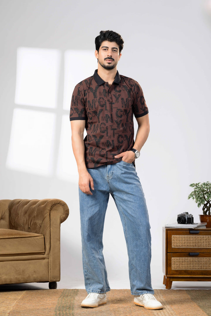 Brown Cotton Half Sleeve Printed Polo T-Shirt with Collar