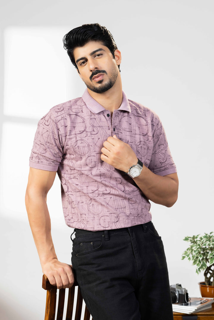 Light Pink Cotton Half Sleeve Printed Polo T-Shirt with Collar