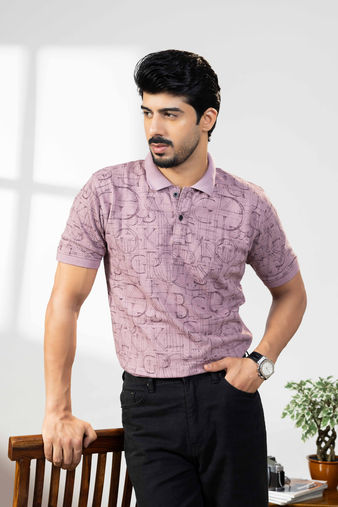 Light Pink Cotton Half Sleeve Printed Polo T-Shirt with Collar