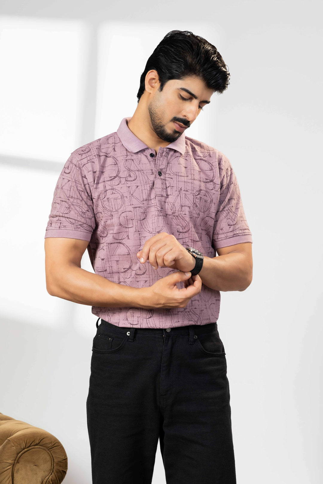 Light Pink Cotton Half Sleeve Printed Polo T-Shirt with Collar