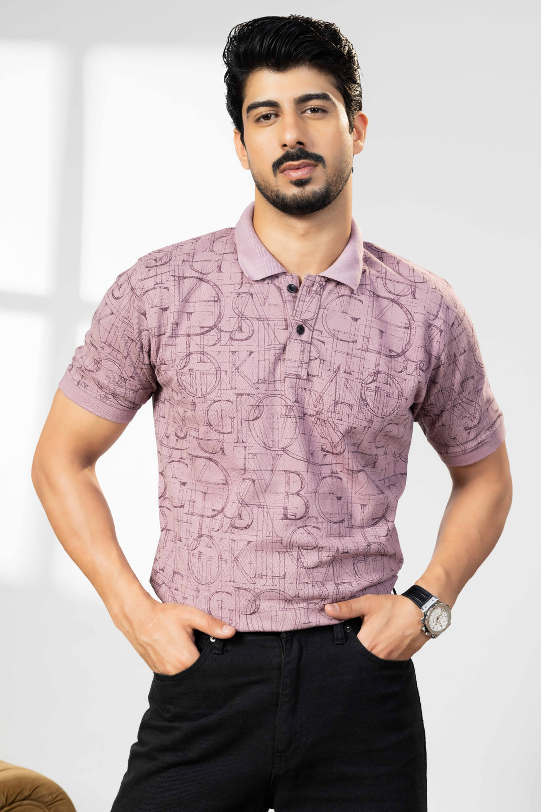 Light Pink Cotton Half Sleeve Printed Polo T-Shirt with Collar