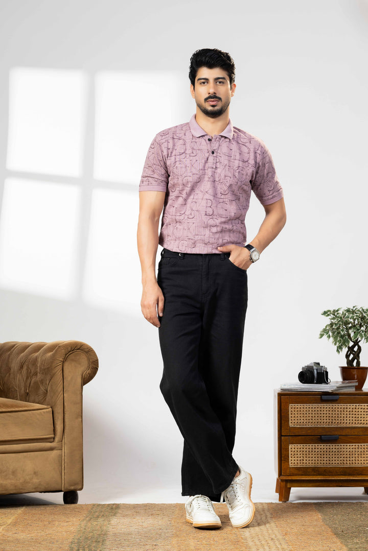 Light Pink Cotton Half Sleeve Printed Polo T-Shirt with Collar