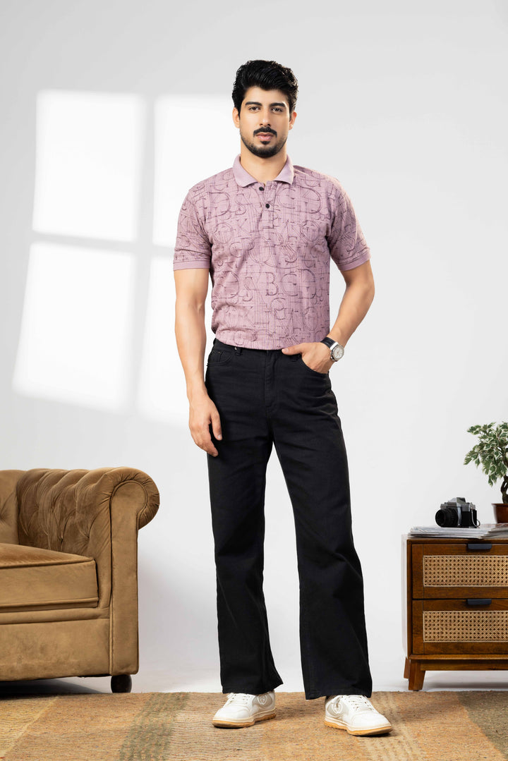 Light Pink Cotton Half Sleeve Printed Polo T-Shirt with Collar