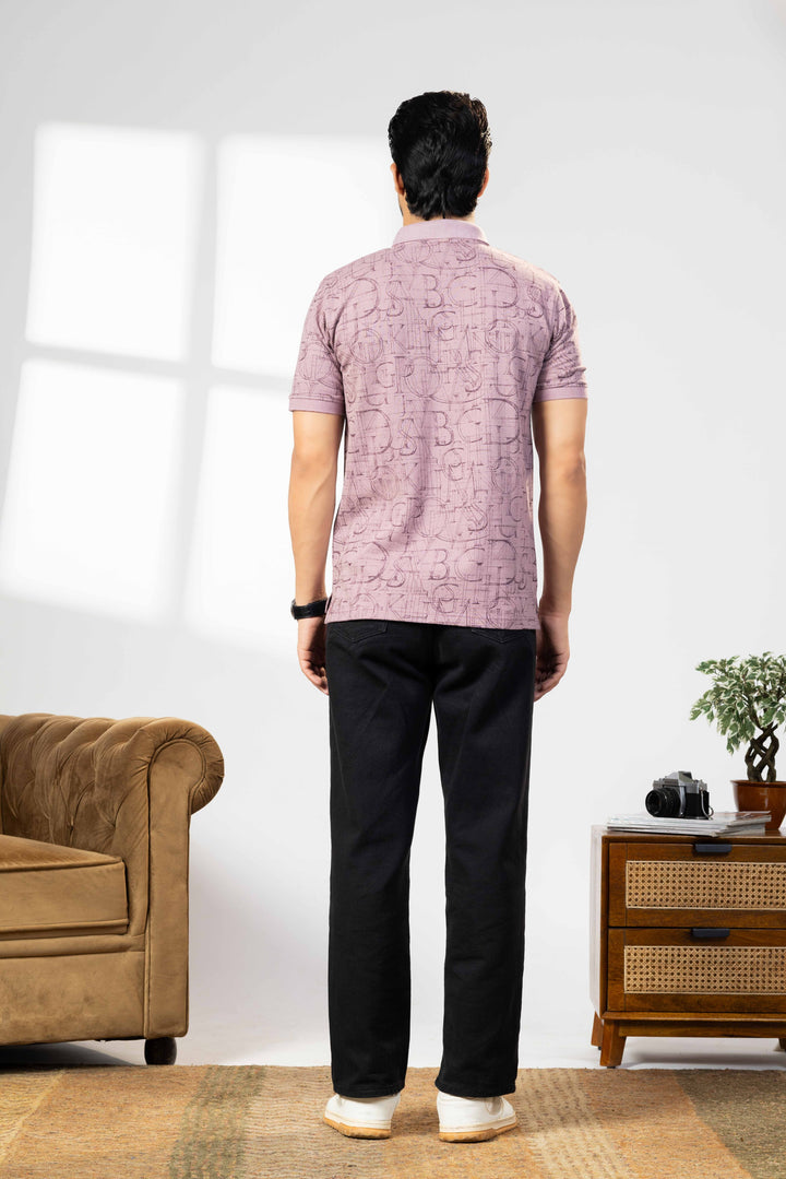 Light Pink Cotton Half Sleeve Printed Polo T-Shirt with Collar
