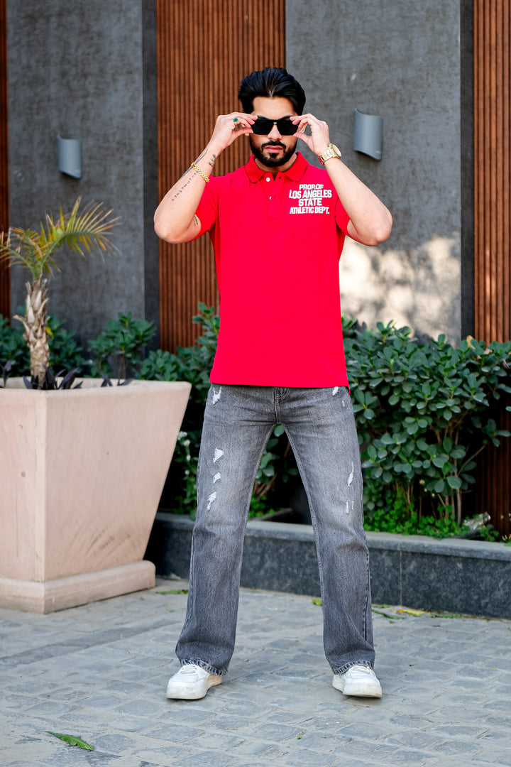 Red Self Design Polo T-Shirt