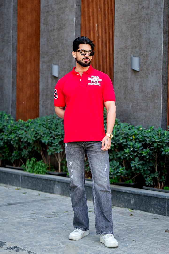 Red Self Design Polo T-Shirt
