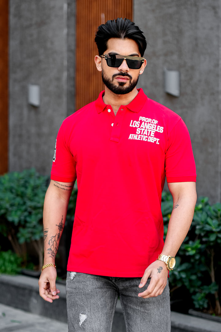 Red Self Design Polo T-Shirt