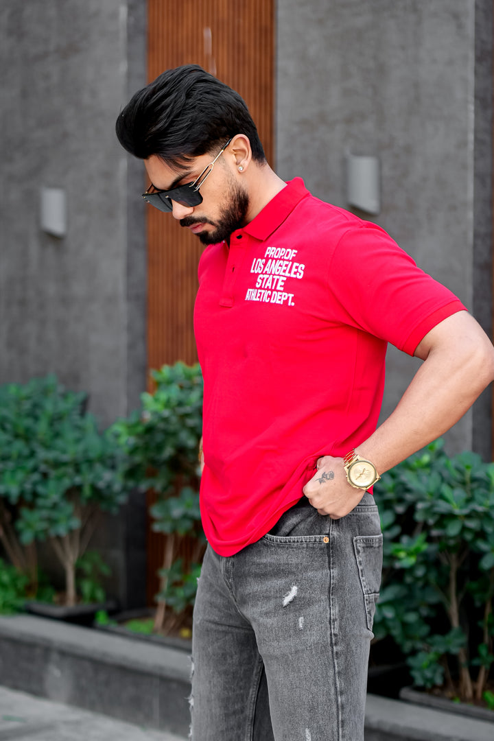 Red Self Design Polo T-Shirt