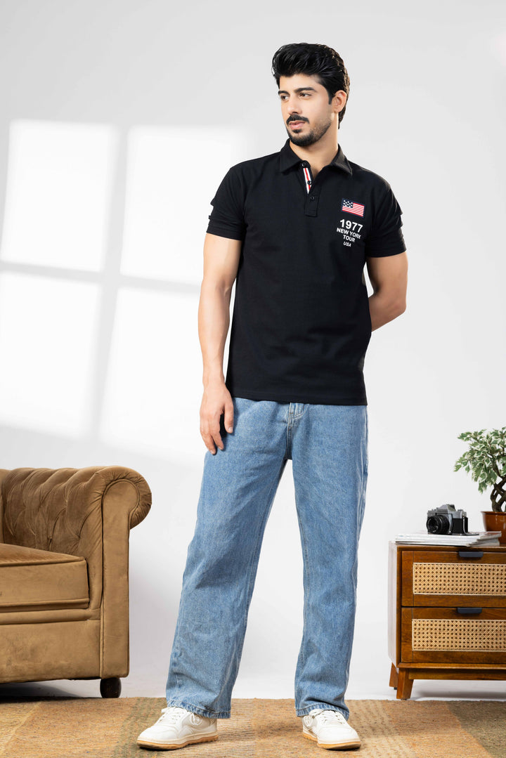 Black Cotton Half Sleeve Printed Polo T-Shirt with Collar