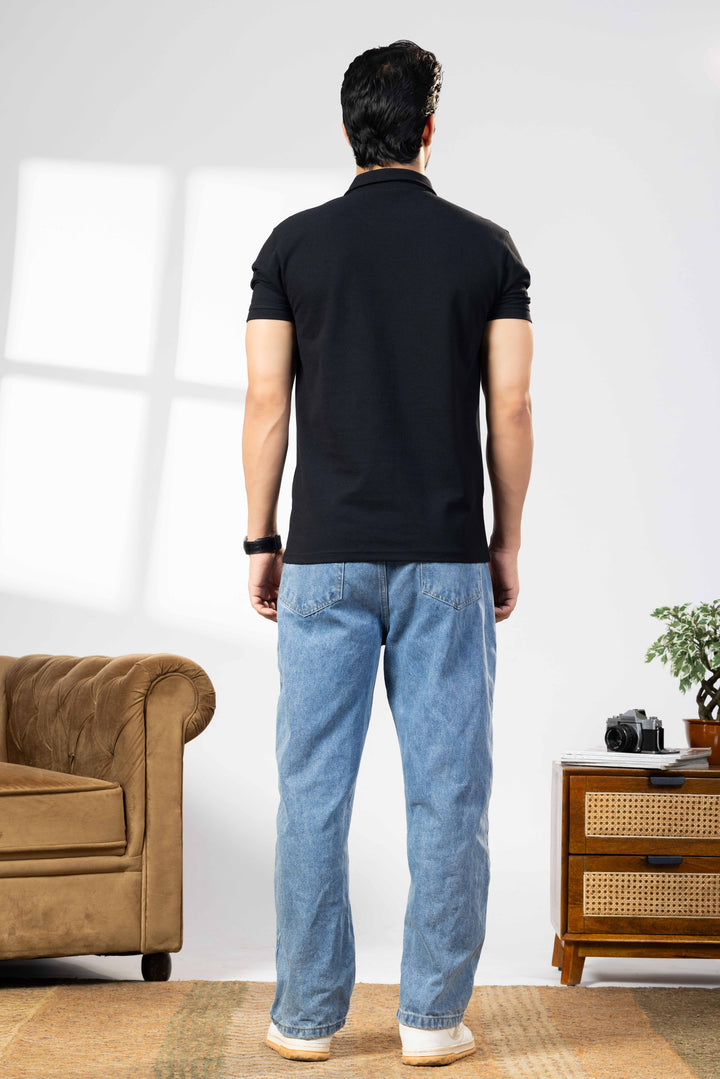Black Cotton Half Sleeve Printed Polo T-Shirt with Collar