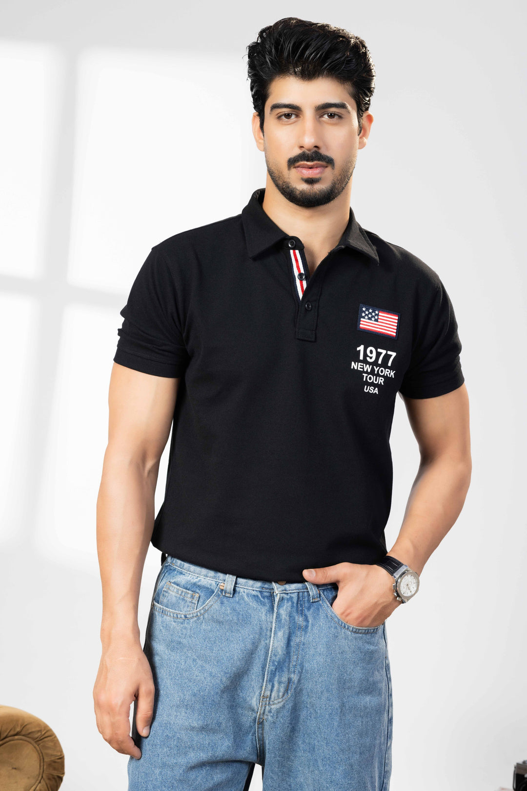Black Cotton Half Sleeve Printed Polo T-Shirt with Collar