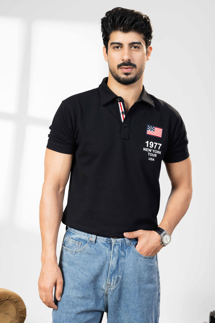 Black Cotton Half Sleeve Printed Polo T-Shirt with Collar