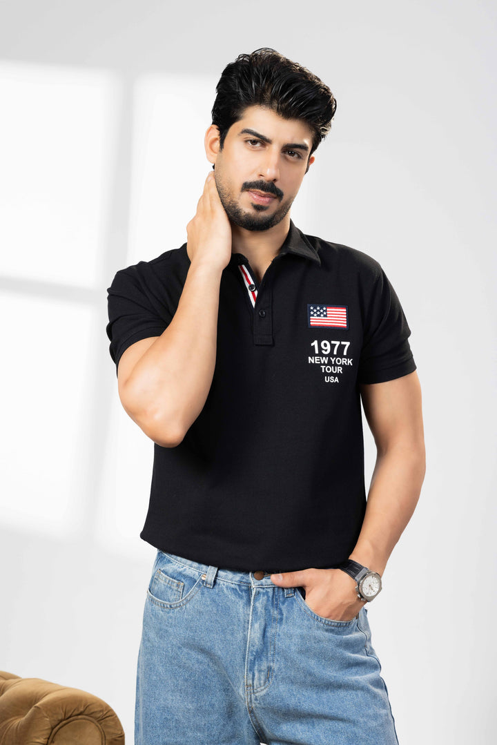 Black Cotton Half Sleeve Printed Polo T-Shirt with Collar