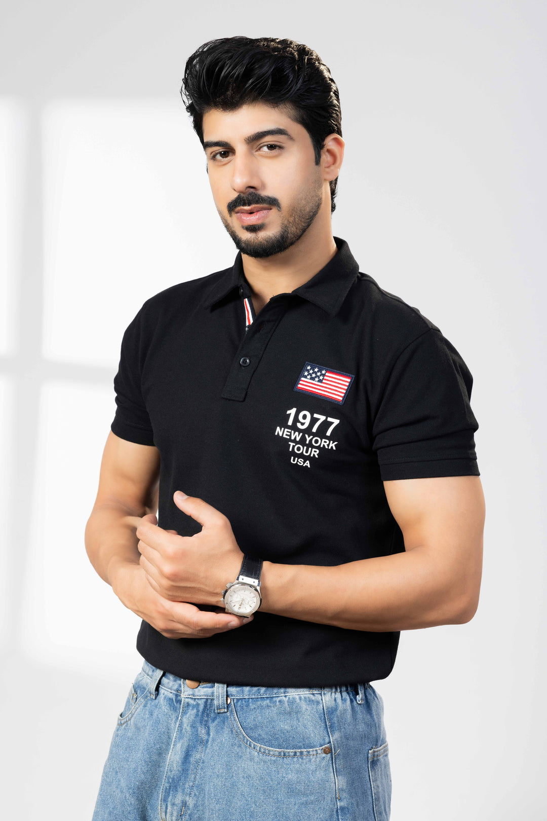 Black Cotton Half Sleeve Printed Polo T-Shirt with Collar
