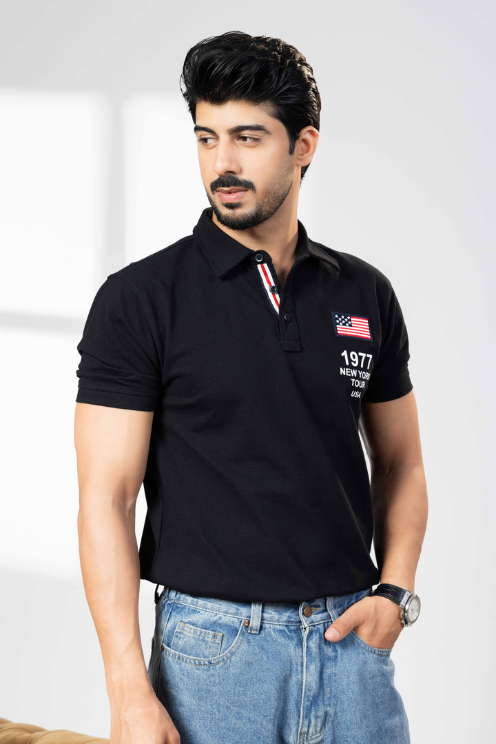 Black Cotton Half Sleeve Printed Polo T-Shirt with Collar