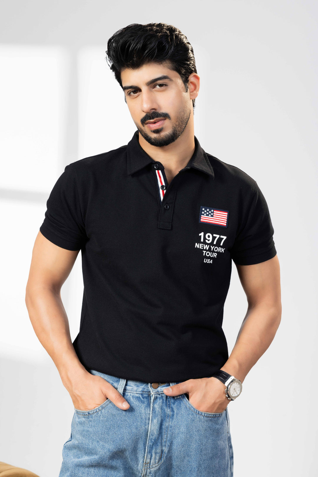 Black Cotton Half Sleeve Printed Polo T-Shirt with Collar