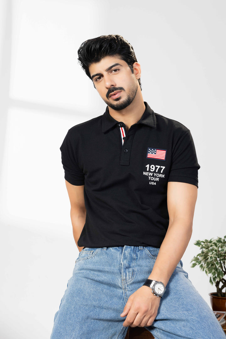 Black Cotton Half Sleeve Printed Polo T-Shirt with Collar