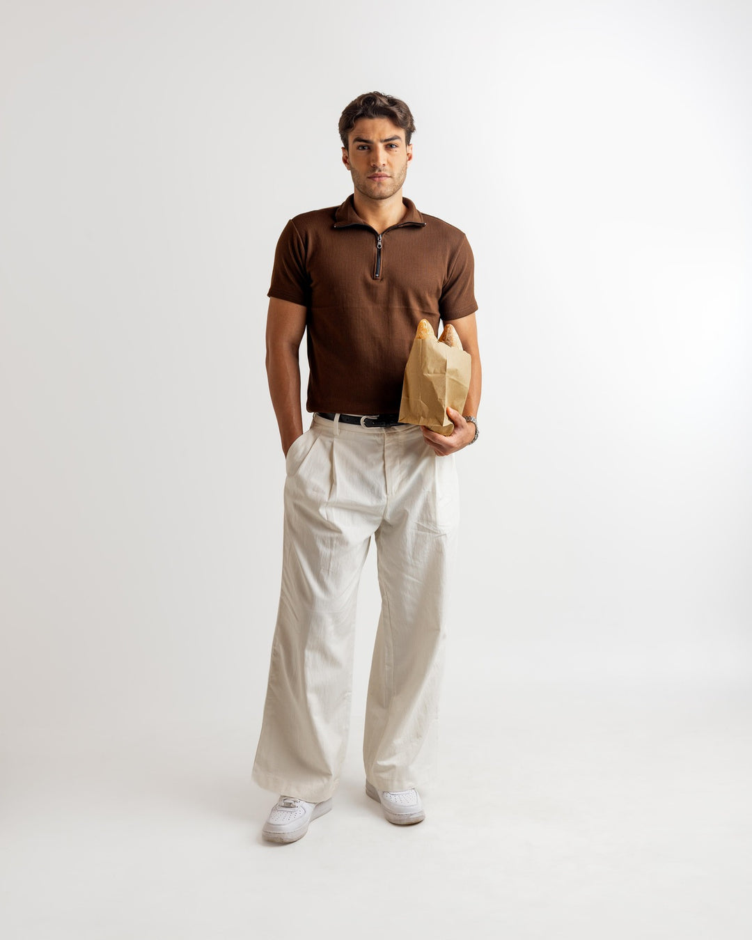 Brown Self Design Cotton Rib Zipper T-Shirt