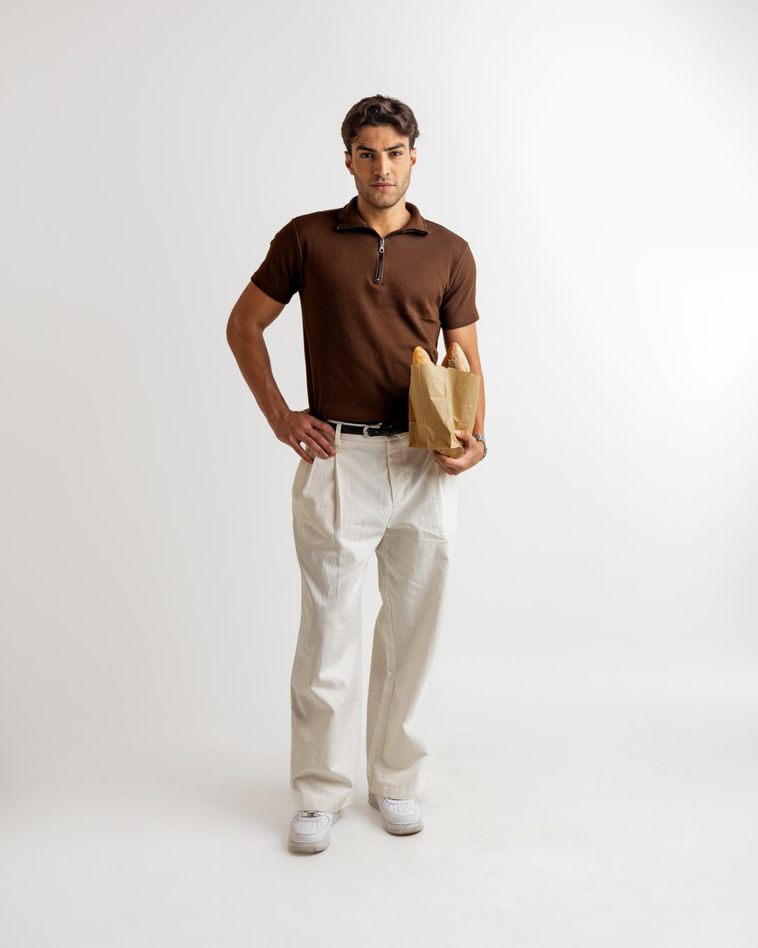 Brown Self Design Cotton Rib Zipper T-Shirt