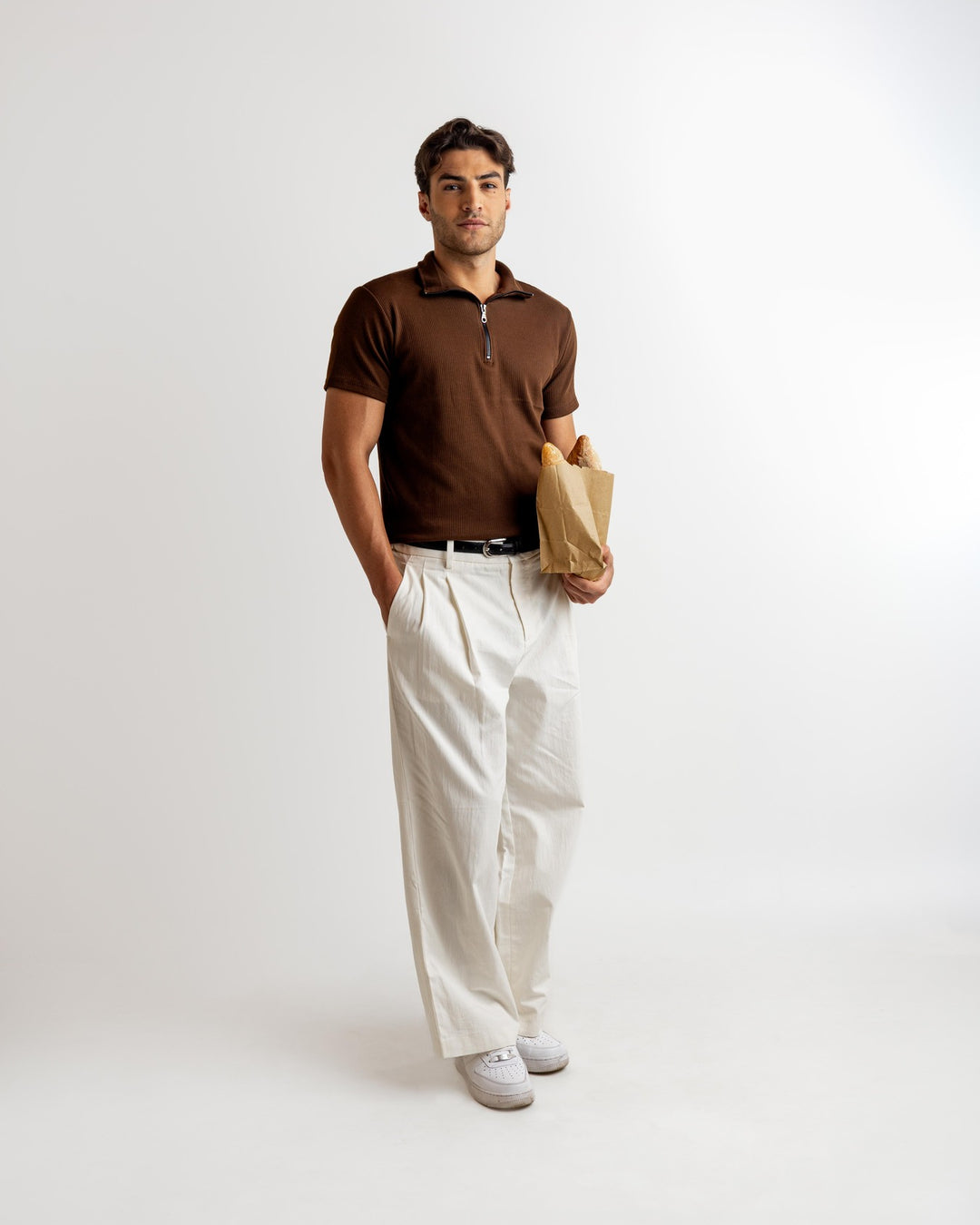 Brown Self Design Cotton Rib Zipper T-Shirt